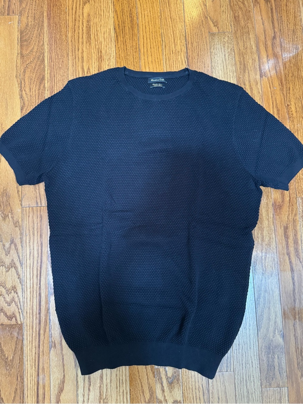 Massimo Dutti Black Textured Crewneck Short Sleeve Knit